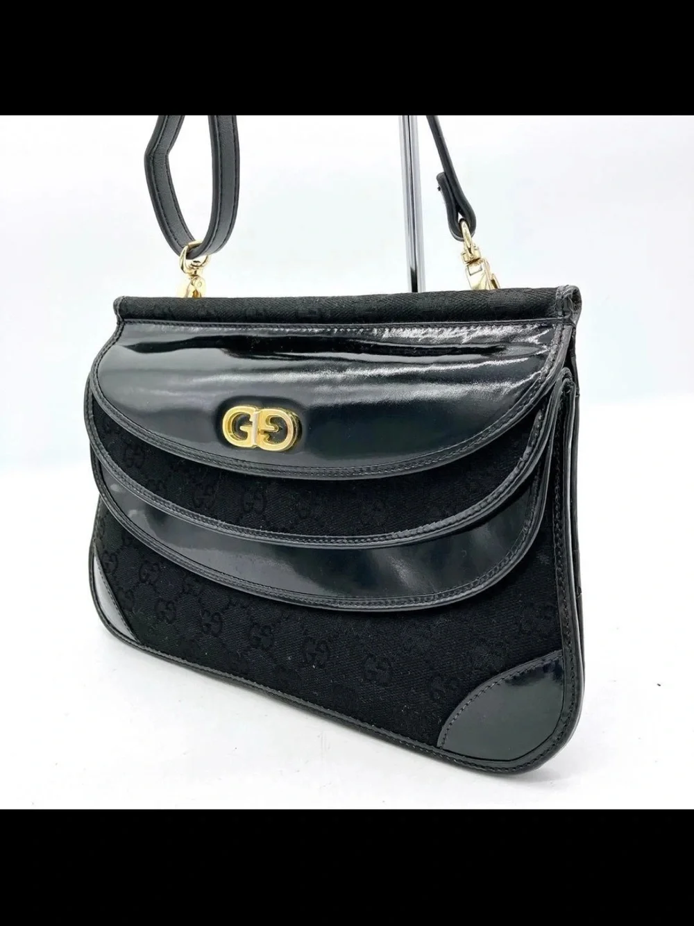 Gucci Black Patent & Velvet Crossbody Bag with Gold GG Accent